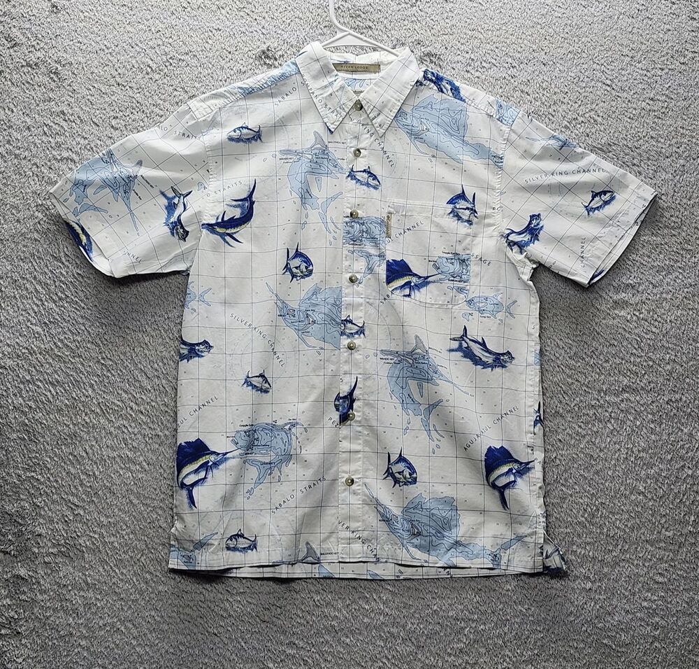 Vintage Columbia River Lodge M Men's Shirt Marlin Nautical Map All Over Print AO